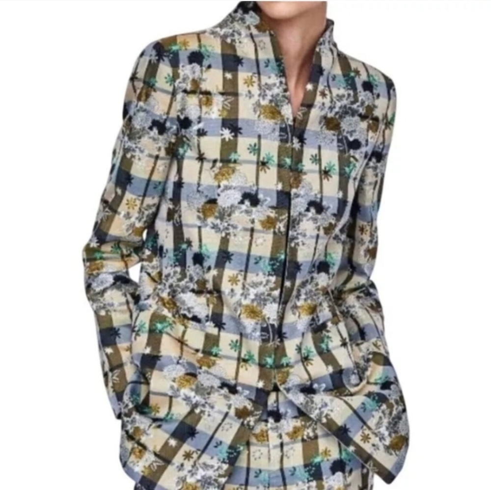 Zara Basic Blazer Women Medium Grid Botanical Mandarin Jacquard Long Line